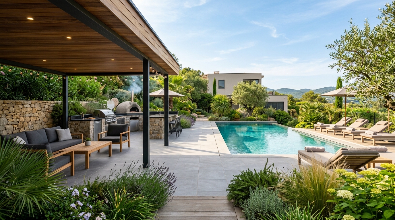 Rifacimento Giardino con Portico, Cucina Esterna e Piscina
